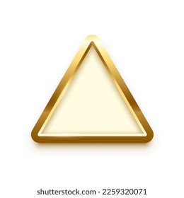 White button in triangle gold frame vector illustration. 3d realistic shiny metal golden object on push click button for website, abstract badge element design or medal isolated on white background.