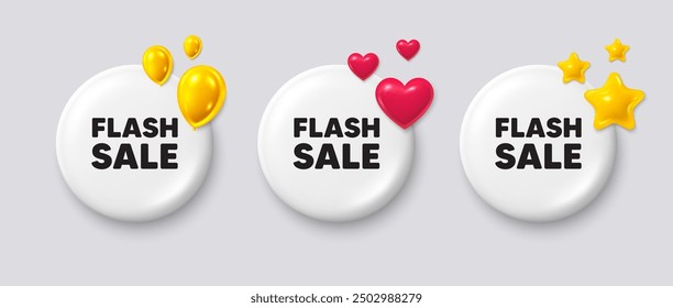 Botones blancos con iconos 3d. Etiqueta de venta flash. Muestra de Precio de oferta especial. Símbolo de Descuentos publicitarios. Mensaje de Botón de venta flash. Insignia de Anuncio con globos, estrellas, corazón. Iconos de redes sociales. Vector