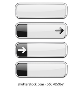White buttons with black tags. Menu interface elements with chrome frame. Vector 3d illustration isolated on white background.