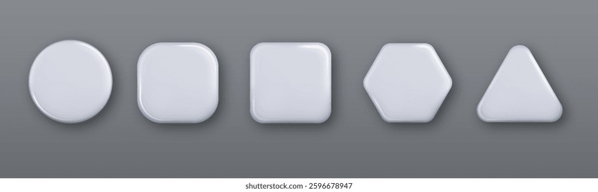 White buttons. Blank 3d realistic glossy badges isolated. White glossy surface, ideal for app buttons, web design, or modern UI elements.