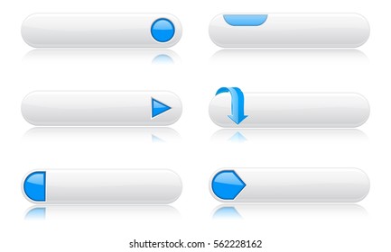 White buttons with blue signs. Menu interface elements. Vector 3d illustration on white background