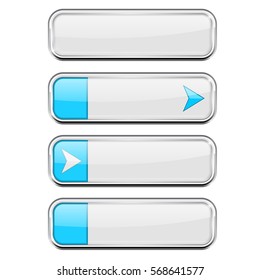 White buttons with blue tags. Menu interface elements with chrome frame. Vector 3d illustration isolated on white background