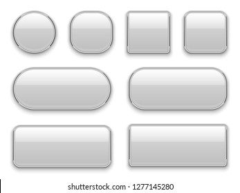 White Buttons Chrome Frame. 3d Realistic Web Glass Elements Oval Rectangle Square Circle Chrome White Button, Interface Vector Set