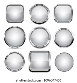 White buttons with chrome frame. Round and square glass shiny 3d icons. Vector illustration isolated on white background