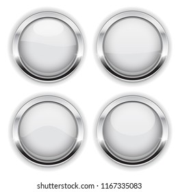 White buttons with chrome frame. Round glass shiny 3d icons with reflection. Vector illustration isolated on white background