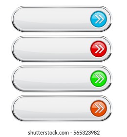 White buttons with colored arrows. Menu interface elements with metal frame. Vector 3d illustration isolated on white background.