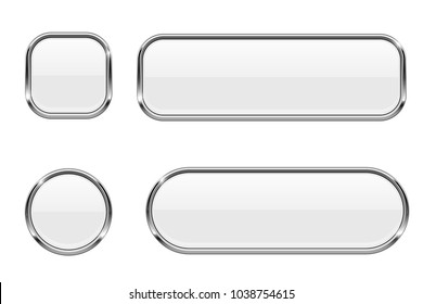 White buttons. Glass 3d icons with chrome frame. Vector illustration isolated on white background