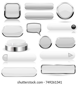 White buttons. Glass icons and push buttons with metal frame. Vector 3d illustration isolated on white background
