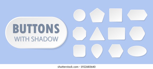 White buttons in Neomorphism design style. Paper or plastic realistic 3d shape collection. Set of interface elements.