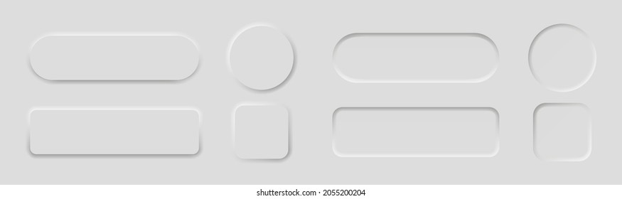 White buttons in neomorphism design style with shadow. 3d ui button collection for navigation in apps. Vector illustration.