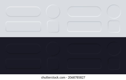 White buttons in neomorphism design style with shadow. 3d ui button collection for navigation in apps. Neomorphic trendy designs element isolated on background. Vector illustration.