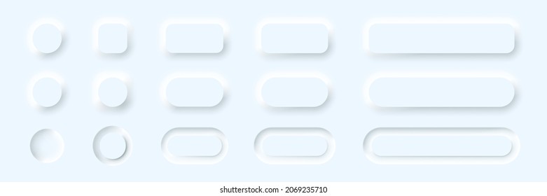White buttons in neomorphism style for website or app. UI blank buttons. Neumorphism. Vector EPS 10. Isolated on white background.