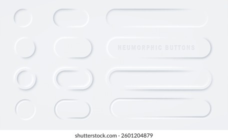 White buttons in Neomorphism. UI Design Elements. Light, and clean 3D UI component with soft shadows.