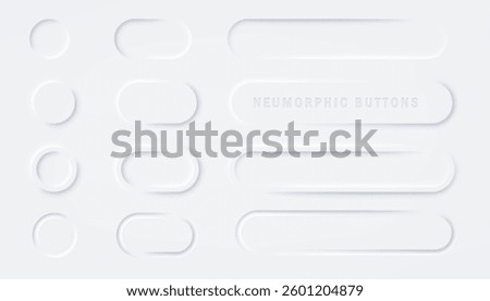 White buttons in Neomorphism. UI Design Elements. Light, and clean 3D UI component with soft shadows.