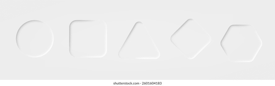 White buttons neumorphic design. Geometric shapes on white background with light smooth shadows. Web elements geometry modern design.