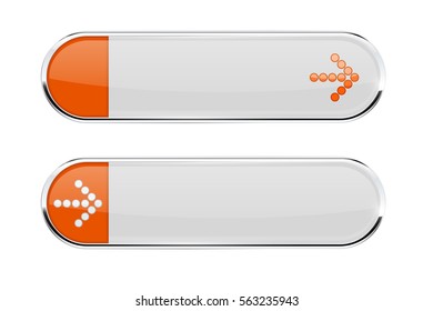 White buttons with orange tags and ARROW sign. Menu interface elements with metal frame. Vector 3d illustration isolated on white background