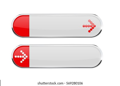 White buttons with red tags and ARROW sign. Menu interface elements with metal frame. Vector 3d illustration isolated on white background