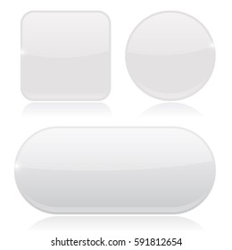 White buttons. Round, square and oval shiny icons. Vector 3d illustration