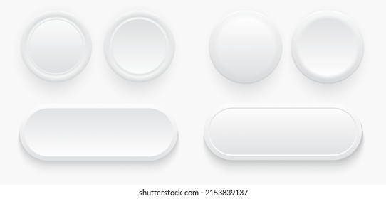 White buttons for user interface, simple circle 3D modern design for mobile, web, social media, business. Neumorphism flat style vector editable illustration. White grey color minimal style icons set