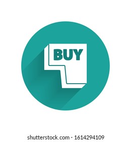 White Buy button icon isolated with long shadow. Green circle button. Vector Illustration