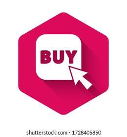 White Buy button icon isolated with long shadow. Pink hexagon button. Vector Illustration
