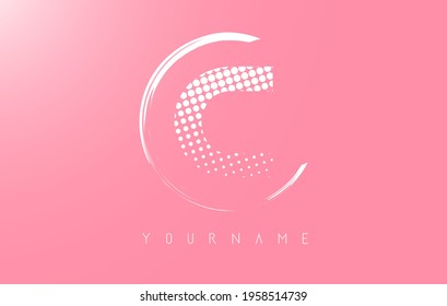 White C letter logo design with golden dots and white circle frame on pink background. Creative vector illustration with pink background and letter C.