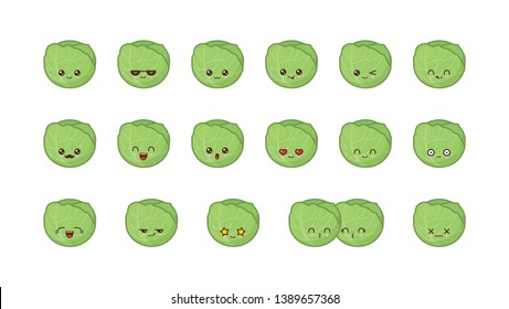 White cabbage cute kawaii mascot. Set kawaii food faces expressions smile emoticons. 