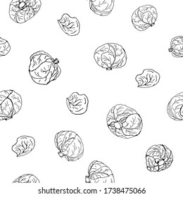 White cabbage, green cabbage whole heads and leaves. Seamless pattern repeating. Black and white doodle vector illustration on a white background, isolated cut-out objects