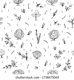 White cabbage, green cabbage whole heads, herbs, dill, seeds. Seamless repeating pattern. Black and white doodle vector illustration on a white background, isolated cut-out objects