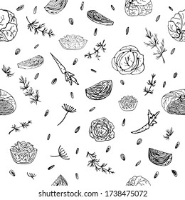 White cabbage, green cabbage whole heads, cut, leaves, herbs, carrot, dill. Seamless repeating pattern. Black and white doodle vector illustration on a white background, isolated cut-out objects