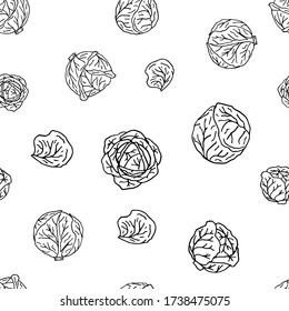 White cabbage, green cabbage whole heads and leaves. Seamless repeating pattern. Black and white doodle vector illustration on a white background, isolated cut-out objects