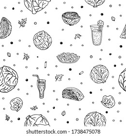 White cabbage, green cabbage whole heads, cut, leaves, herbs, carrot, dill. Seamless repeating pattern. Black and white doodle vector illustration on a white background, isolated cut-out objects