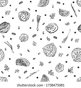 White cabbage, green cabbage whole heads and leaves, herbs, onion, parsley. Seamless repeating pattern. Black and white doodle vector illustration on a white background, isolated cut-out objects