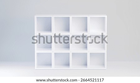 White cabinet with empty compartments - modern shelf unit with clean box sections in grid formation for storage, display or organization. Minimalist furniture piece for home, office or retail spaces.