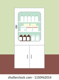 White cabinet for medicines intended for first aid with the door closed, with glasses, boxes and bottles on brown floor green wall on background - vector