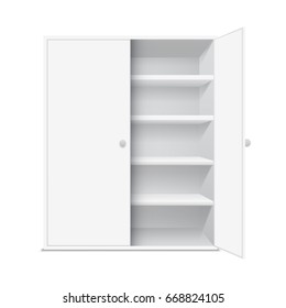 White Cabinet With Open Door, Isolated On White