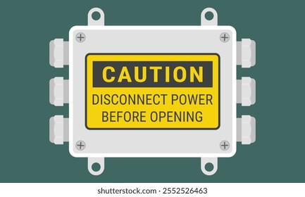 White cable junction box with caution sign "Disconnect power before opening". Flat style vector illustration