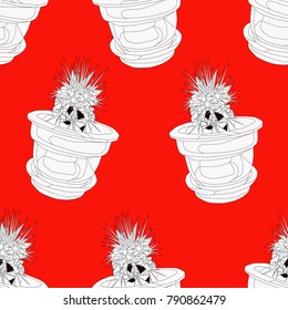 white cactus in the flowerpot, seamless pattern on a red background