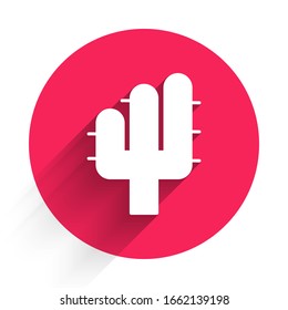 White Cactus icon isolated with long shadow. Red circle button. Vector Illustration