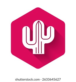 White Cactus icon isolated with long shadow background. Pink hexagon button. Vector