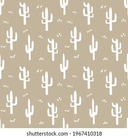 White cactus silhouette on beige background seamless pattern. Vector illustration for textile, prints, fabric, fashion design ecc.