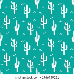 White cactus silhouette on blue background seamless pattern. Vector illustration for textile, prints, fabric, fashion design ecc.