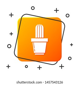 White Cactus and succulent in pot icon isolated on white background. Plant growing in a pot. Potted plant sign. Orange square button. Vector Illustration