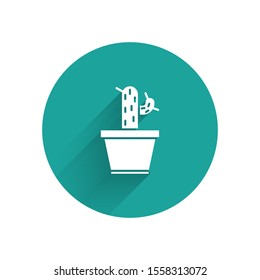White Cactus and succulent in pot icon isolated with long shadow. Plant growing in a pot. Potted plant sign. Green circle button. Vector Illustration