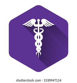 White Caduceus medical symbol icon isolated with long shadow. Medicine and health care concept. Emblem for drugstore or medicine, pharmacy snake symbol. Purple hexagon button. Vector Illustration