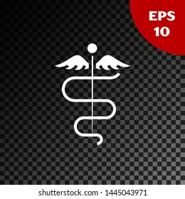 White Caduceus snake medical symbol icon isolated on transparent dark background. Medicine and health care. Emblem for drugstore or medicine, pharmacy.  Vector Illustration