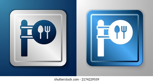 White Cafe and restaurant location icon isolated on blue and grey background. Fork and spoon eatery sign inside pinpoint. Silver and blue square button. Vector.