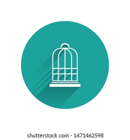 White Cage for birds icon isolated with long shadow. Green circle button. Vector Illustration