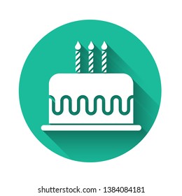 White Cake with burning candles icon isolated with long shadow. Happy Birthday. Green circle button. Vector Illustration