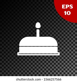 White Cake with burning candles icon isolated on transparent dark background. Happy Birthday.  Vector Illustration